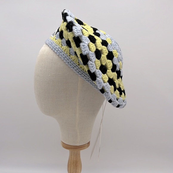 Ganni Recycled Wool Crochet Beret Hat Style A4210 Black Grey Yellow - Picture 4 of 12